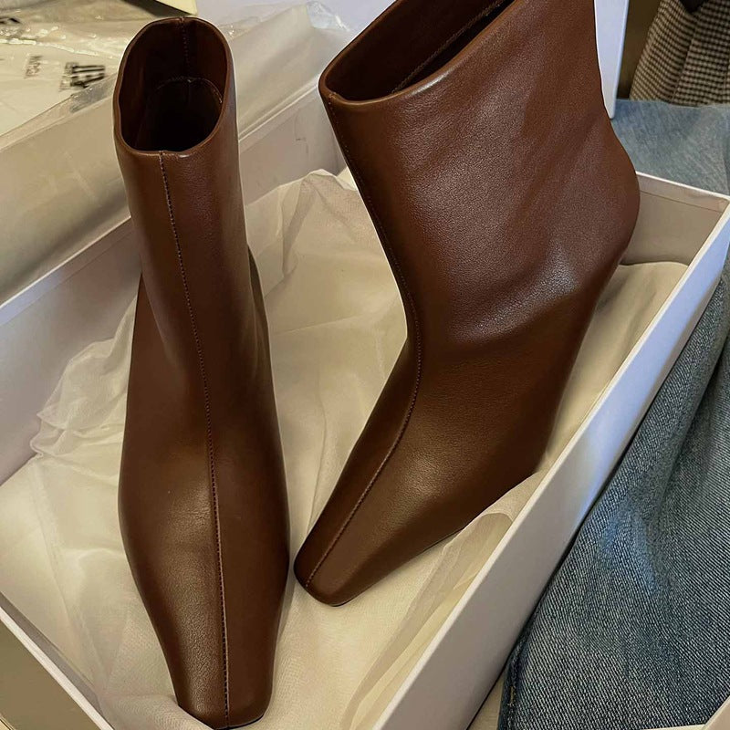 Women's Style Skinny Square Toe Stiletto Ankle Cat Women's Leather Boots