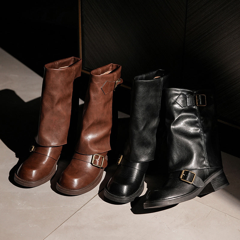 Pleated Pile Style Martin Motorcycle Round Head Boots