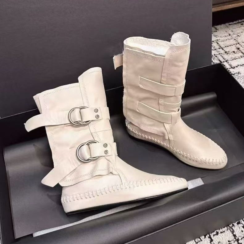 Women's Version Retro Round Toe Belt Buckle Fashion Short Flat Women's Leather Boots