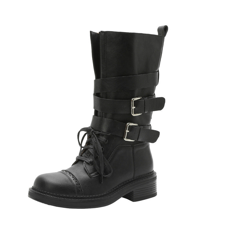 Women's Bottom Increased Knee-high Retro British Style Belt Buckle Boots