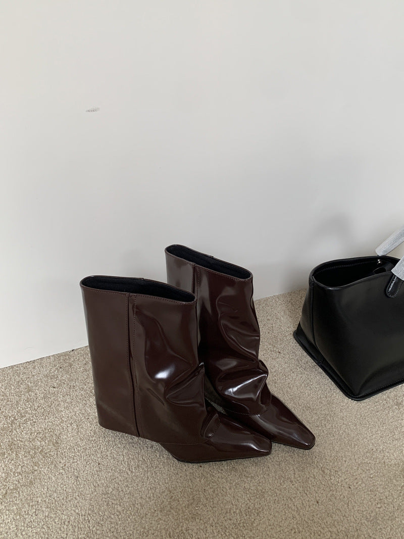 Hot Middle Pantyhose Wedge French Retro Women's Leather Boots