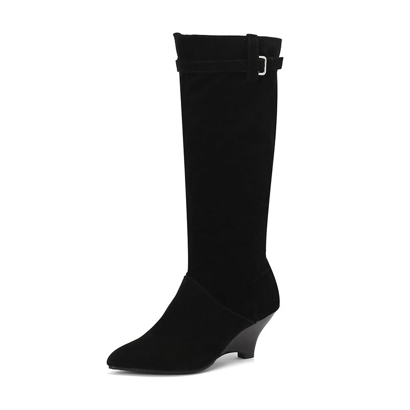 Women's Belt Buckle Side Zipper High Leg Women's Leather Boots