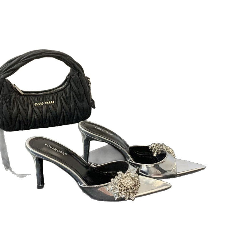 Women's Toe Pointed Rhinestone Flower Patent Flip-flops Sexy High Heeled Sandals