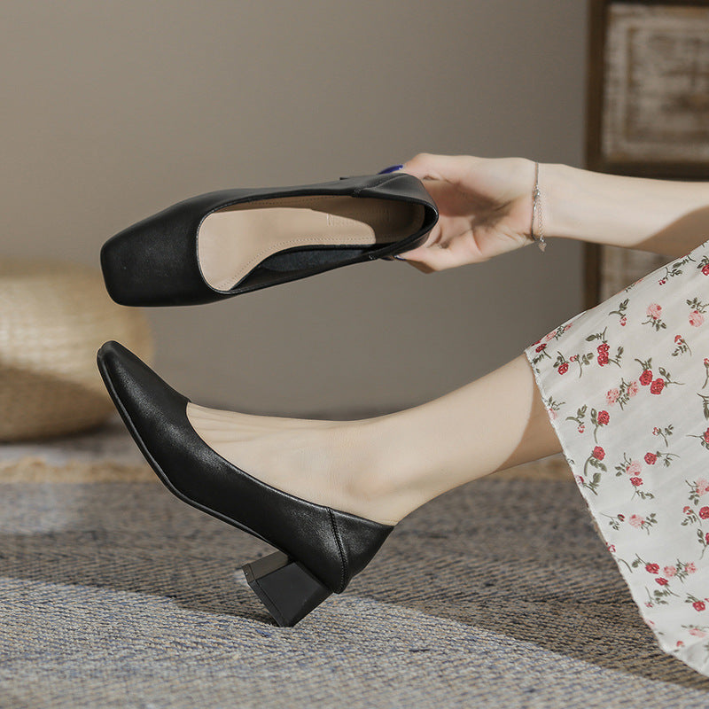 Women's Square Toe High Chunky Lambskin Solid Women's Shoes