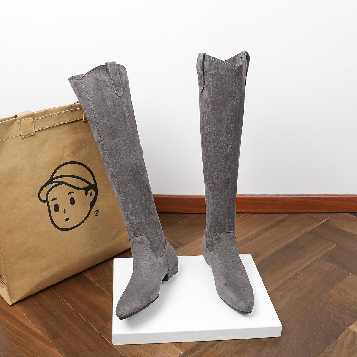 Wide Pleated Pile Style Slimming Versatile Women's Leather Boots