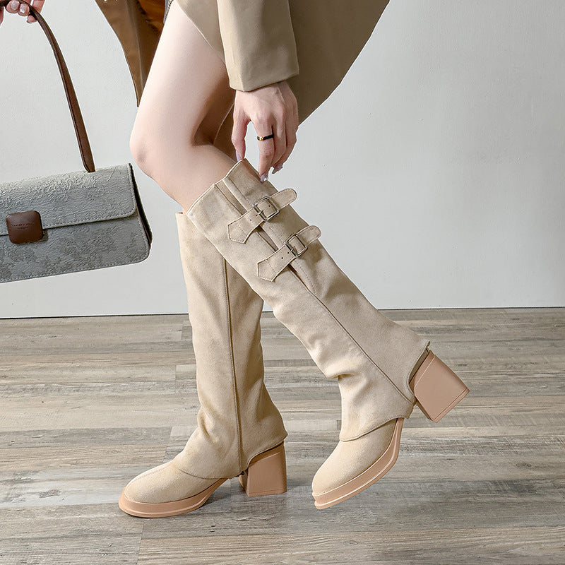 Thick Bottom Knight Retro Two-way Wear Women's Leather Boots
