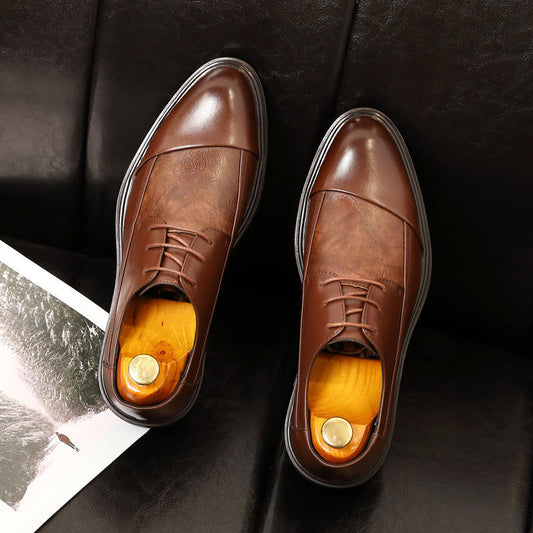Men's Genuine Brown Lace Thick Bottom Pointed Toe Green Korean Leather Shoes