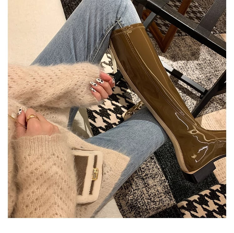 Female Below The Knee Thick Leg Patent Brown Boots