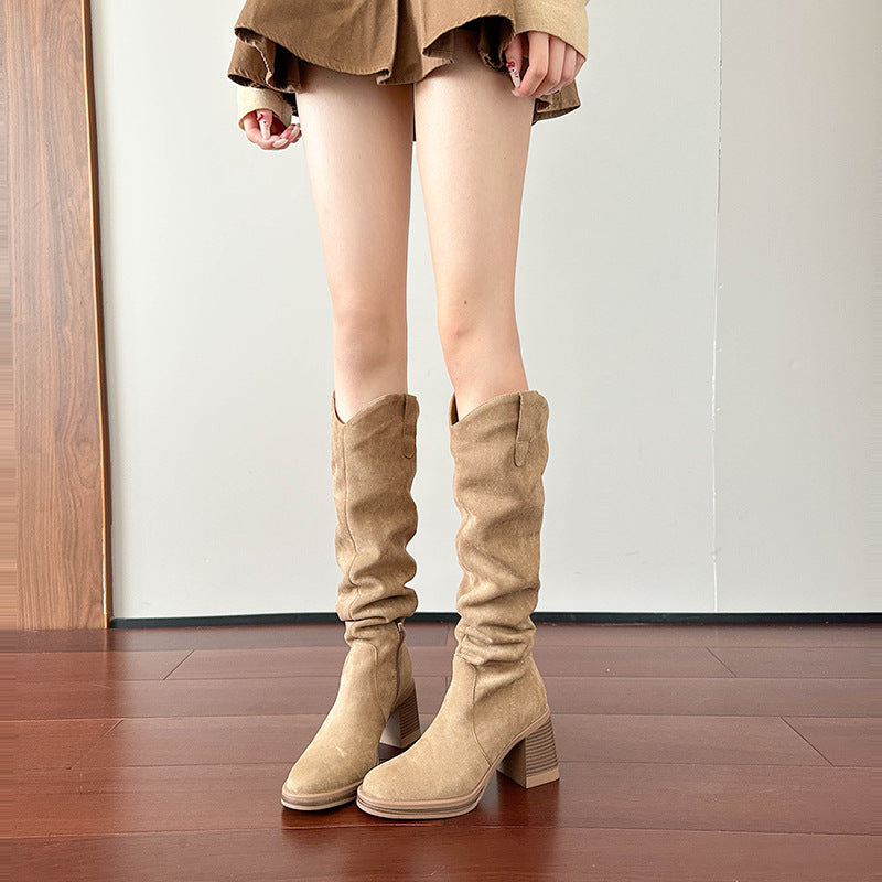 Women's Pile Style V Cut Round Toe Thick Women's Leather Boots