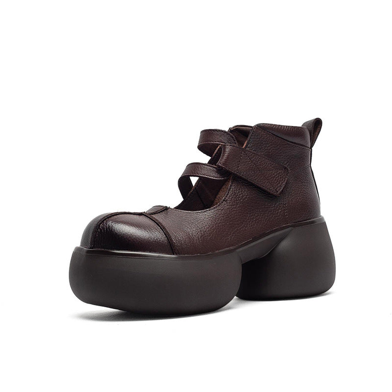 Women's Layer Cowhide Vintage Mary Jane Thick Bottom Heightened Single Round Women's Casual Shoes