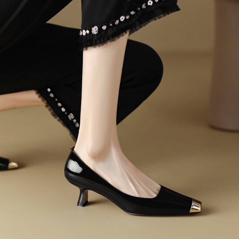 Women's Genuine Wine Red Patent Cowhide Classy High Metal Women's Shoes