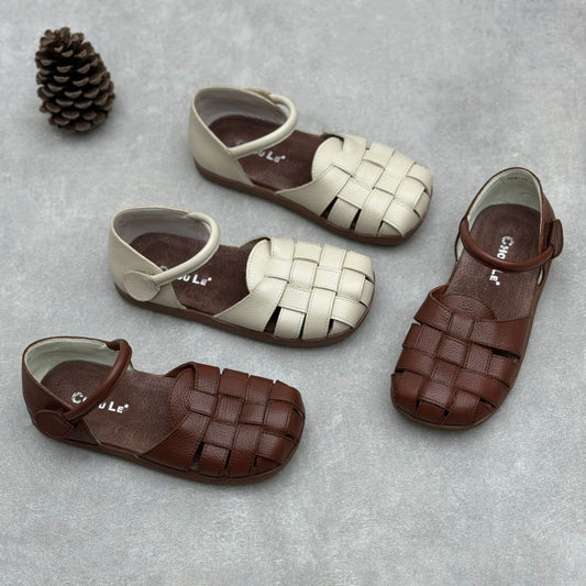 Women's Handmade Genuine Summer Woven Super Soft Bottom Surface Low Block Flat Sandals