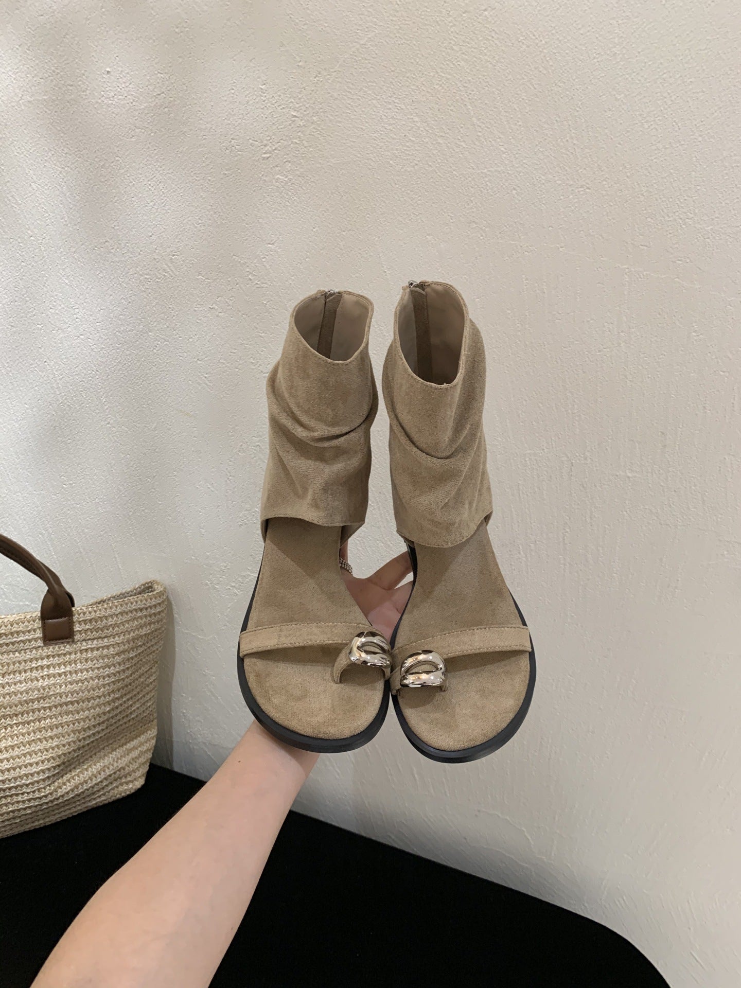 Women's Increasing Insole Retro Old Money Style Metal Buckle Open Toe Boots