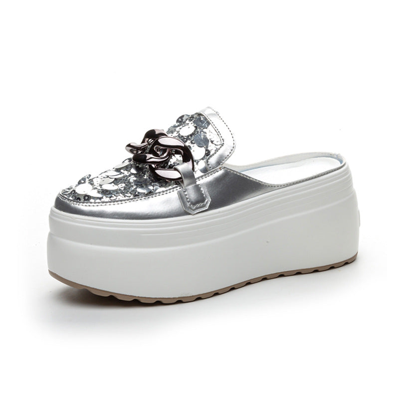 Women's Toe Without Half Support Summer Mesh Sequins Metal Buckle Solid Heels