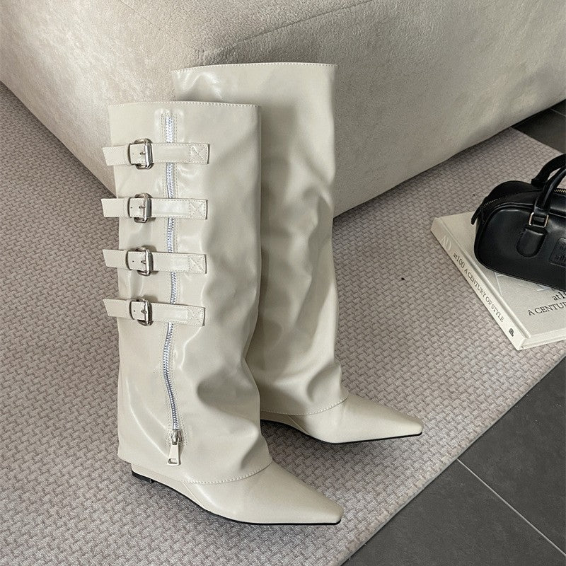 Women's Hot Fashion Zipper Belt Buckle High Thick Skinny Long Pants Boots