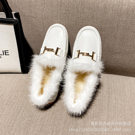 Women's Padded Flat Fluffy Outer Wear Slip-on Women's Shoes