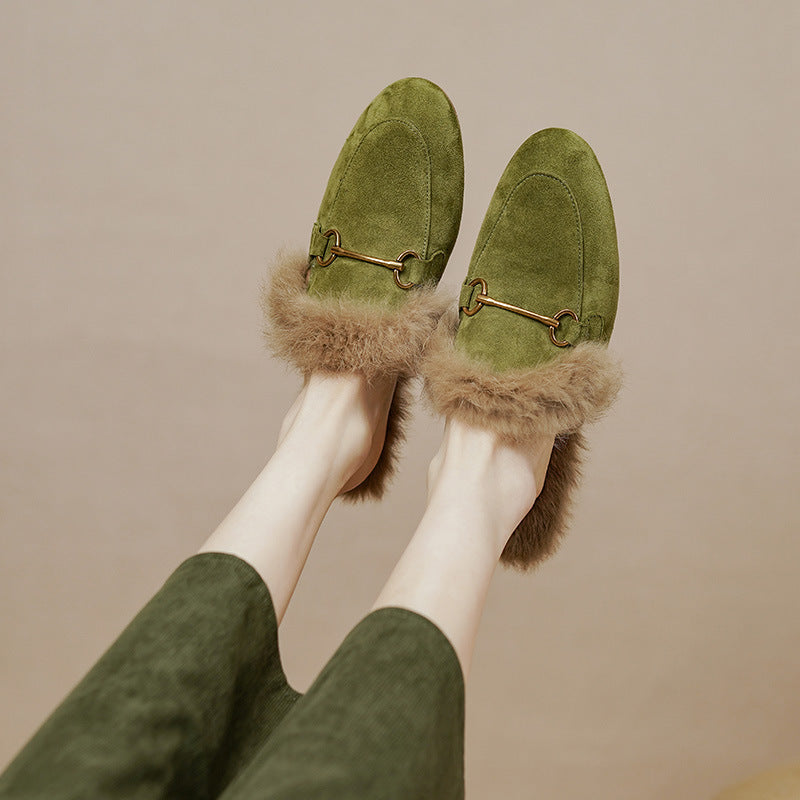 Women's Fluffy Sheep Split Rabbit Fur Winter Outer Wear Closed Toe Flat Slippers