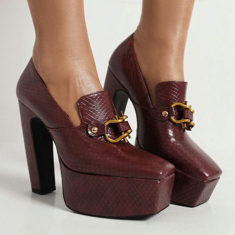 Women's Snake Pattern Square Toe Platform Thick Super Waterproof Metal Fastener Women's Fashion Shoes