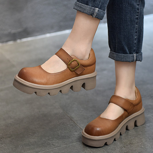 Shallow Mouth Cowhide Platform Female Round Toe Casual Shoes