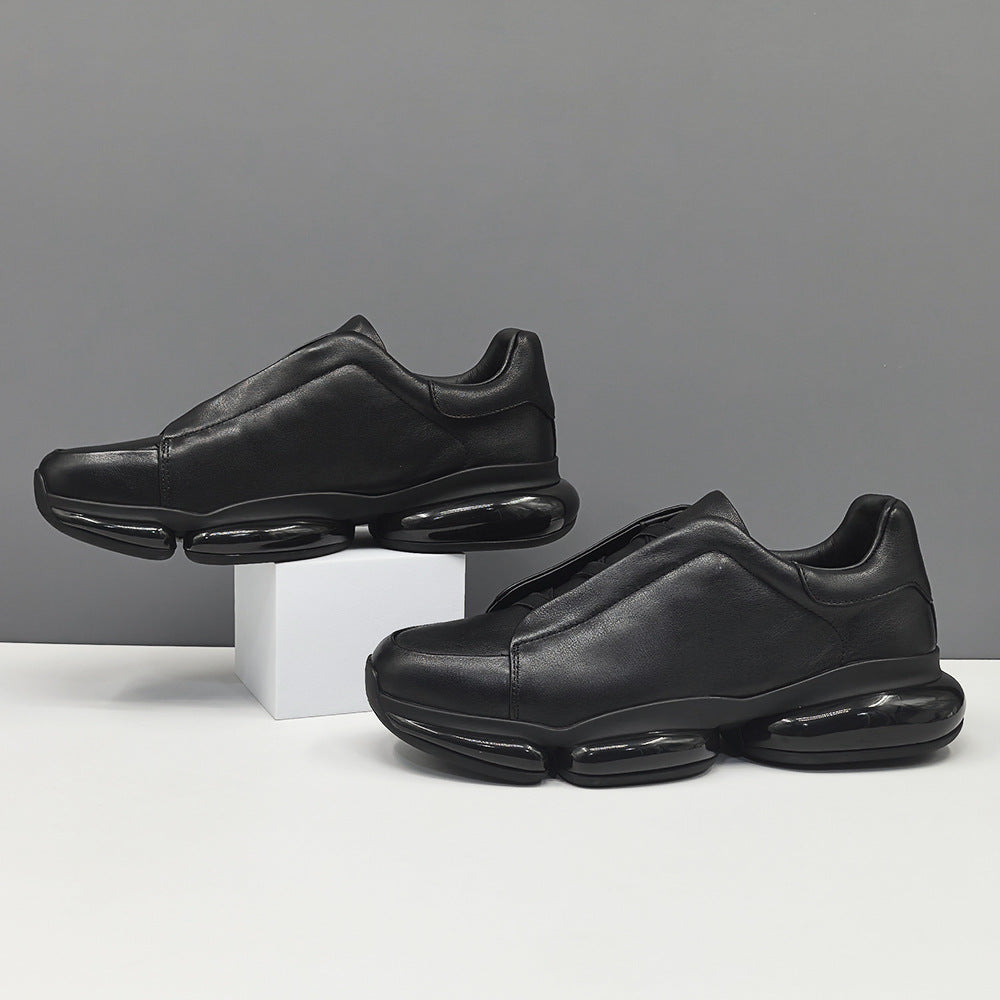 Men's Layer Cowhide Black Platform Fashion Slip-on Casual Shoes