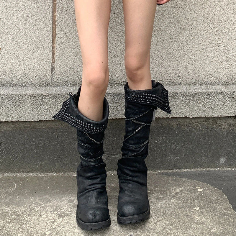 Round Head Chunky Western Cowboy Female Rivet Women's Leather Boots