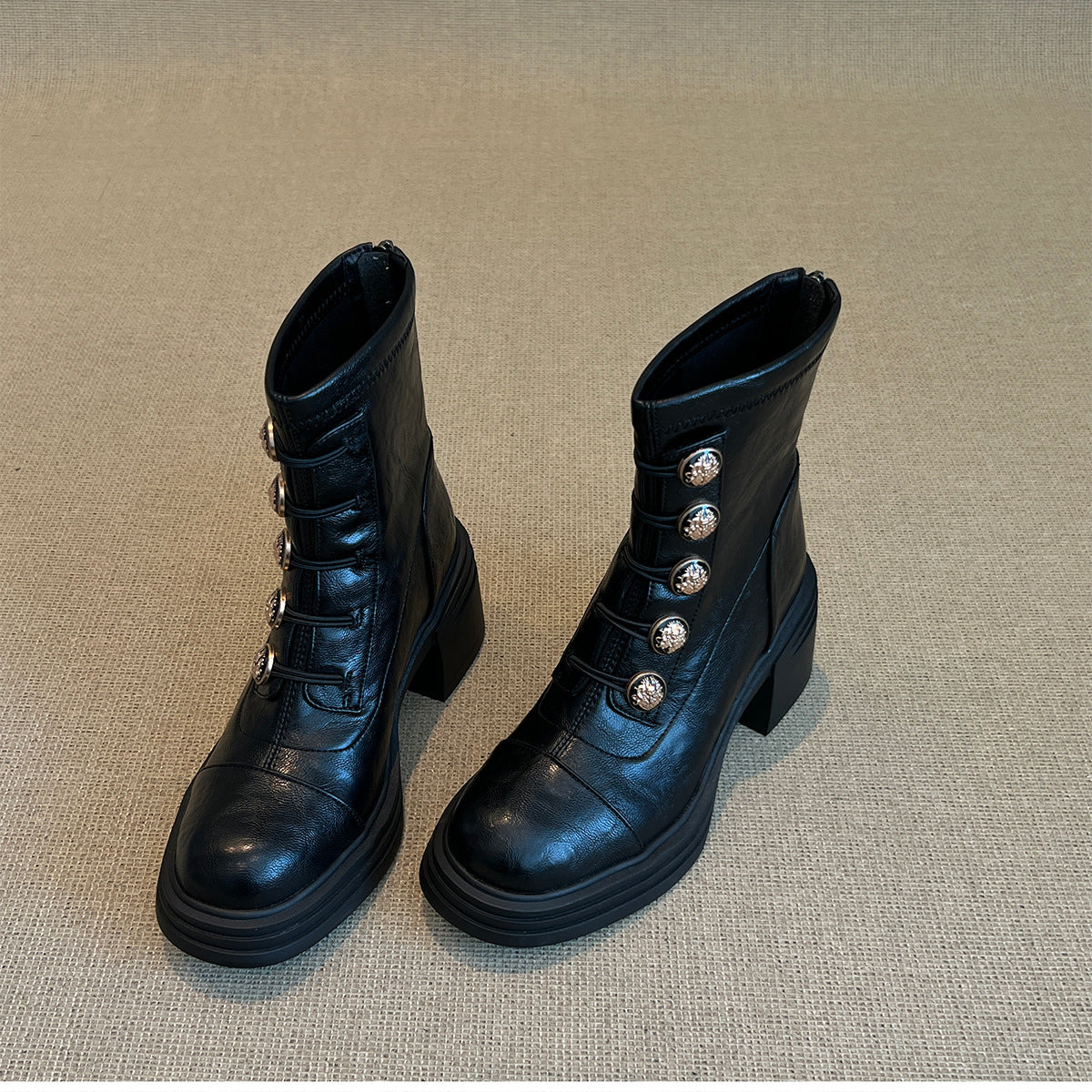 Women's Style Chunky Badge Small Golden Button Booties Versatile Boots