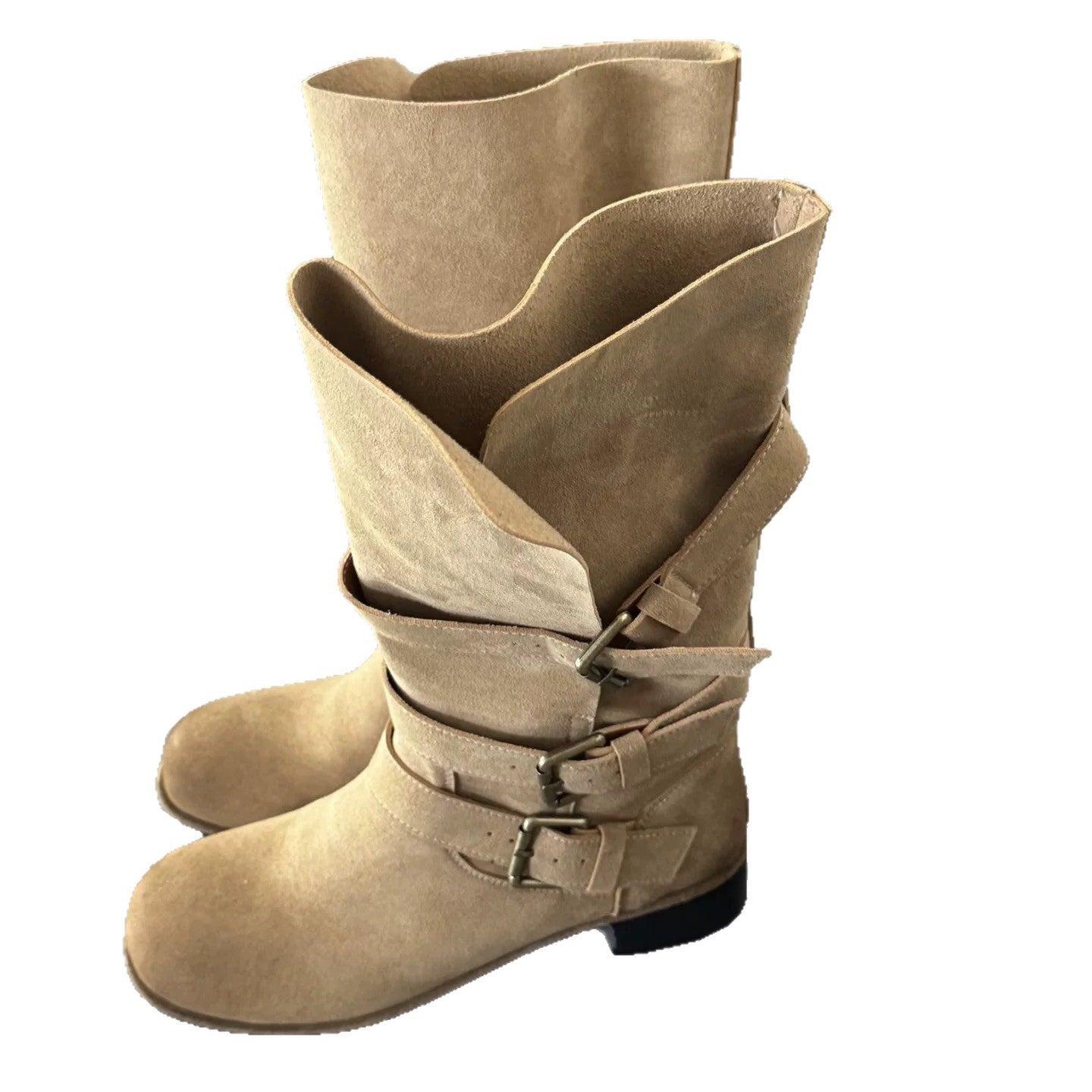 Women's Polished Belt Buckle Round Toe Martin For Thick Folding Women's Leather Boots