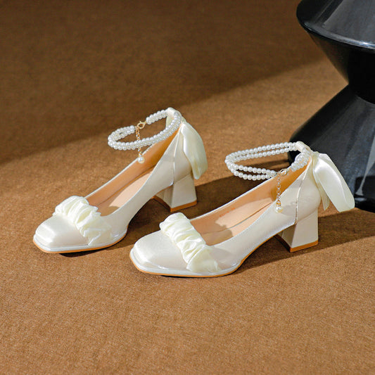 Women's Spring Chunky High Mary Jane Pearl Strap Women's Fashion Shoes