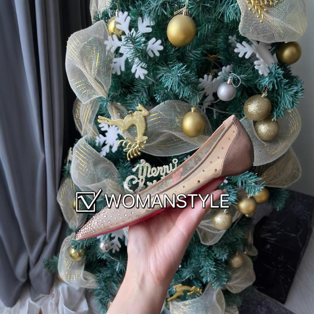 Women's Pointed Toe Low-cut Rhinestone Mesh Flat Large Women's Casual Shoes