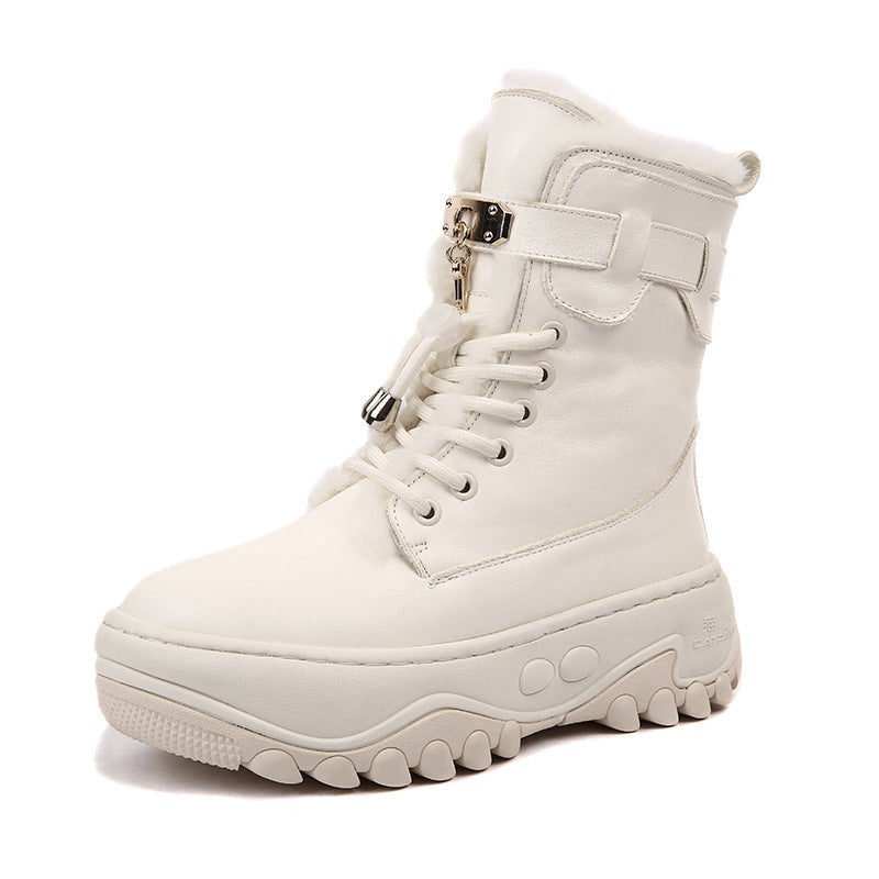 Women's Layer Cowhide Platform Fur Integrated Winter Thickened Boots