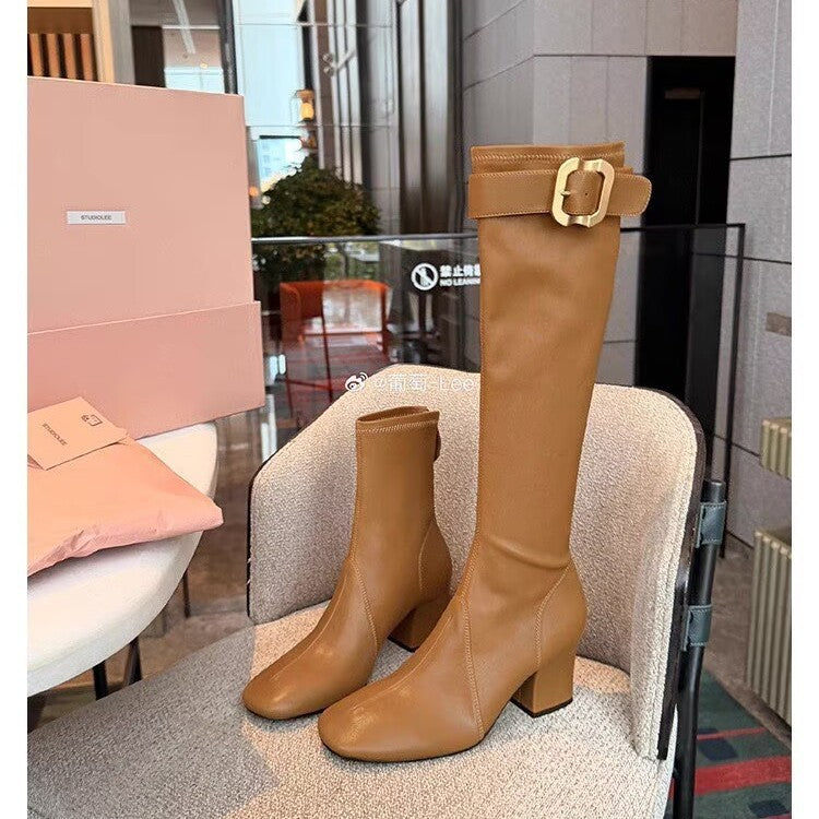 Mom Chunky Zhang Gold Buckle Half Zipper Women's Leather Boots