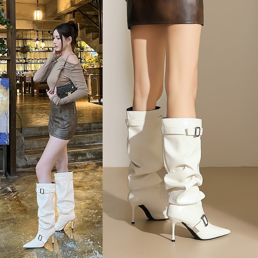 Women's Stiletto Below The Knee Pointed Toe Pleated Belt Buckle Pile Boots