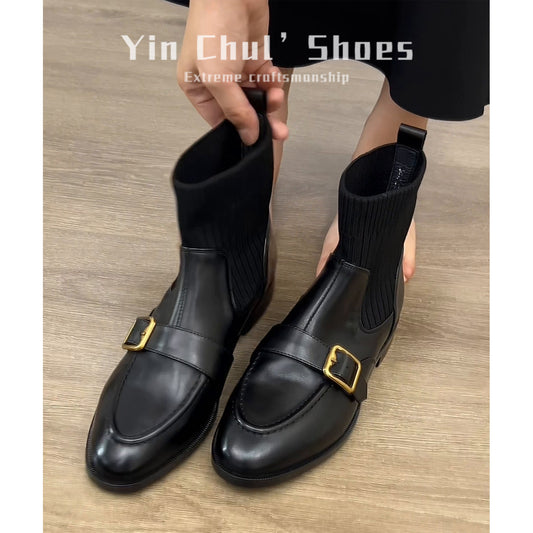 Women's British Elastic Socks Retro Thin Booties Ankle Chunky Women's Leather Boots