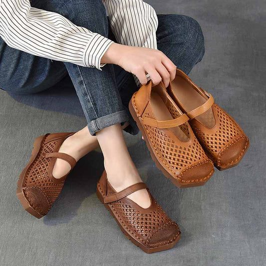 Women's Hollow Square Toe Breathable With First Layer Retro Holes In Sandals