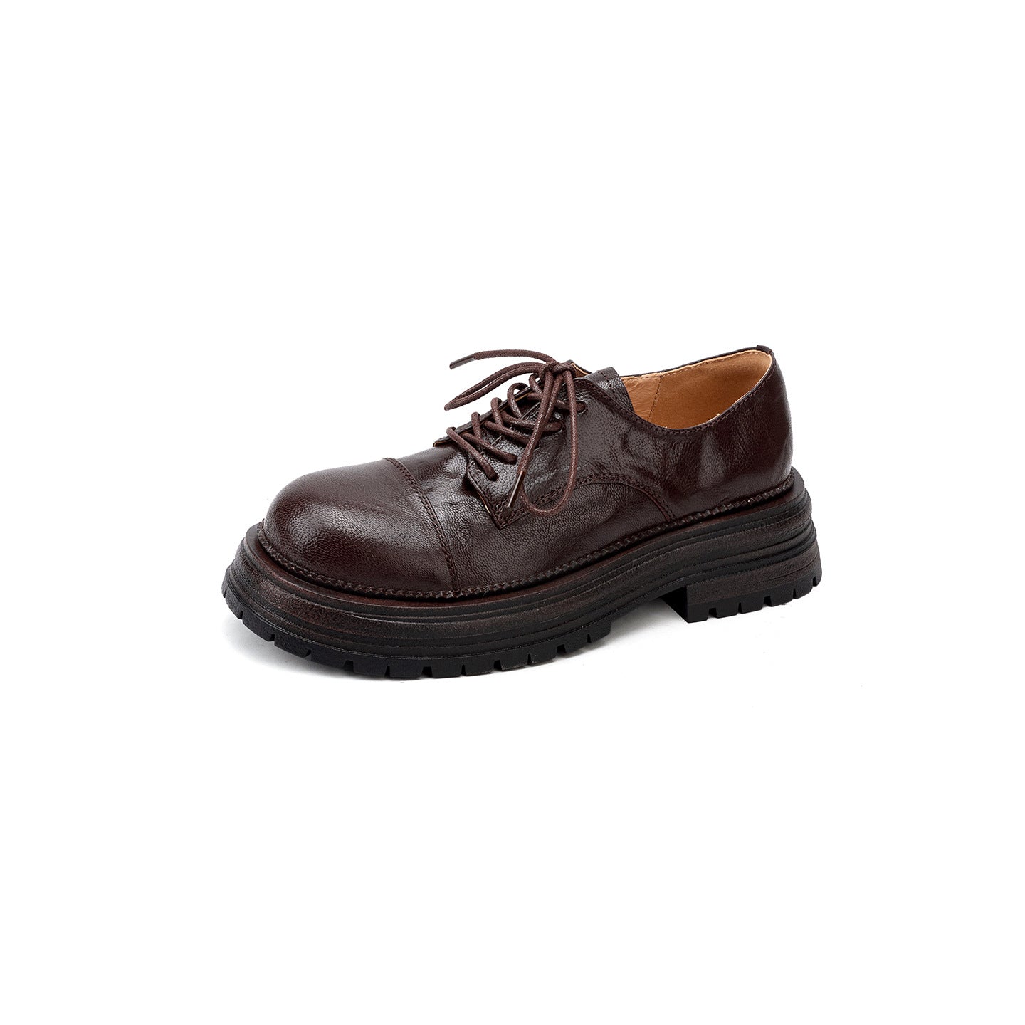 Women's Platform Round Head British Style Retro Lace Up Chunky Single-layer Loafers