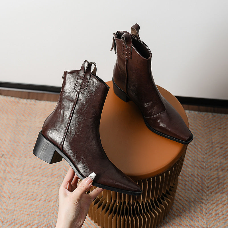 Short Retro Grip Pattern Female Chunky Women's Leather Boots
