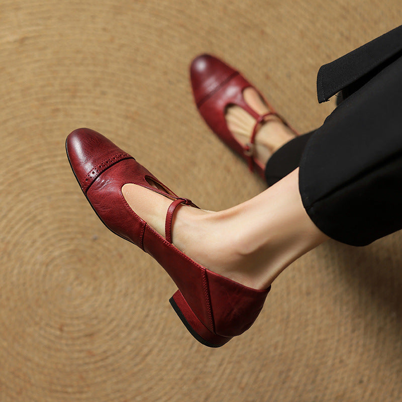 Women's First Layer Cowhide Retro Style Pumps Thick Women's Fashion Shoes