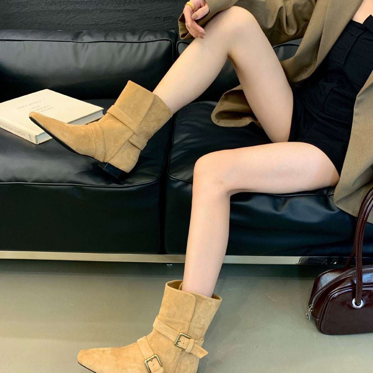 Women's Genuine Suede Retro Square Toe Two-way Chunky Belt Buckle For Women's Leather Boots