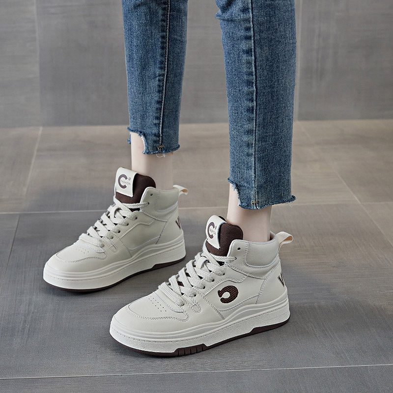 Women's Spring White Trendy Thick Bottom Fleece-lined Sneakers