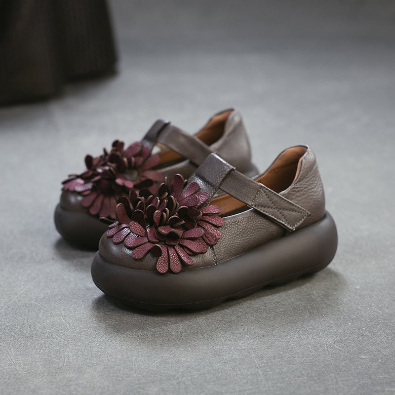 Women's Flower Ethnic Style Fashion Velcro Pumps First Layer Cowhide Women's Casual Shoes