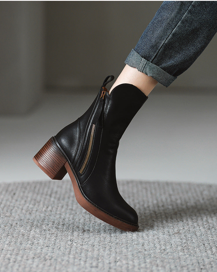 Women's Large Size Retro Length Side Zipper Martin Women's Leather Boots
