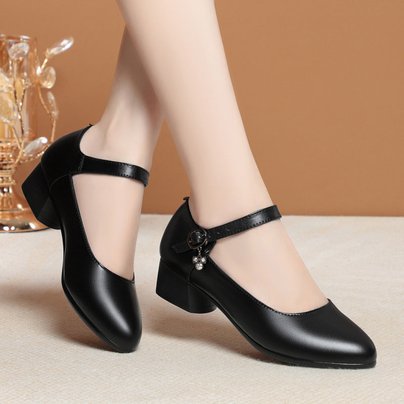 Women's Korean Style Mid Cowhide Low-cut Chunky Mom Dancing Single-layer Heels
