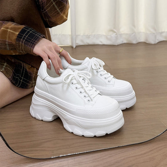Women's Round Toe Cowhide Platform Height Increasing Super Women's Board Shoes