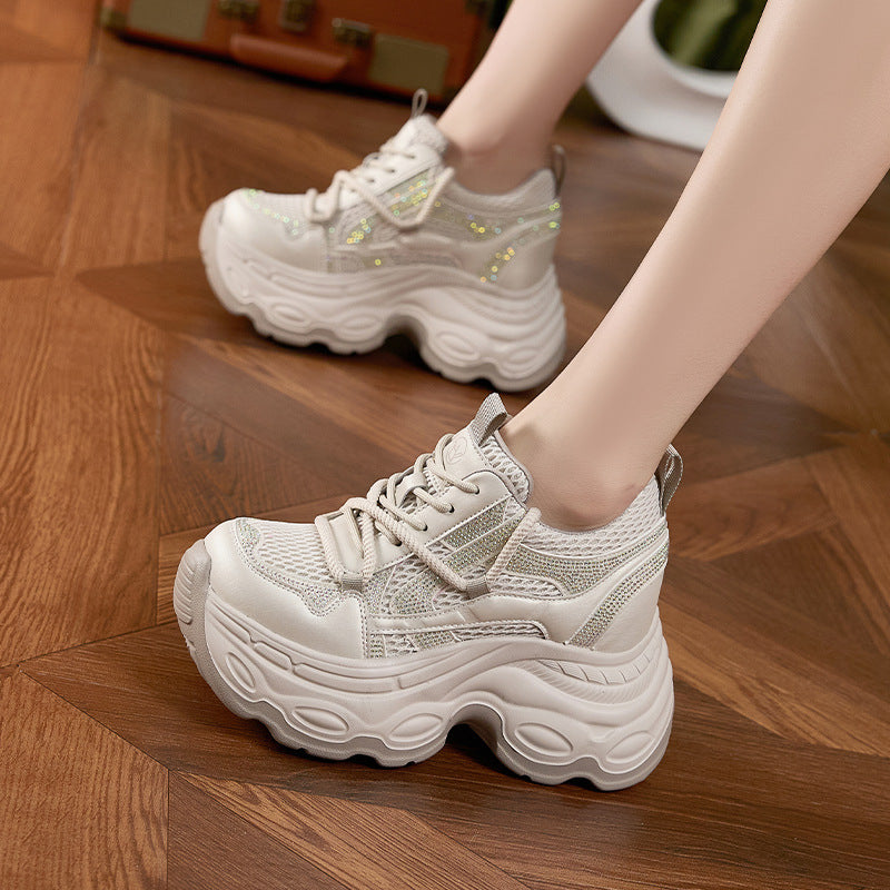 Women's Dad Spring Rhinestone Platform Lightweight Height Increasing Women's Sports Shoes