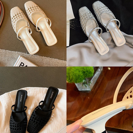 French Square Toe Weaving Hollow Small Slippers
