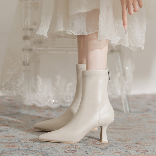 Women's White Ankle High French Stiletto Pointed Toe Back Zipper Women's Leather Boots