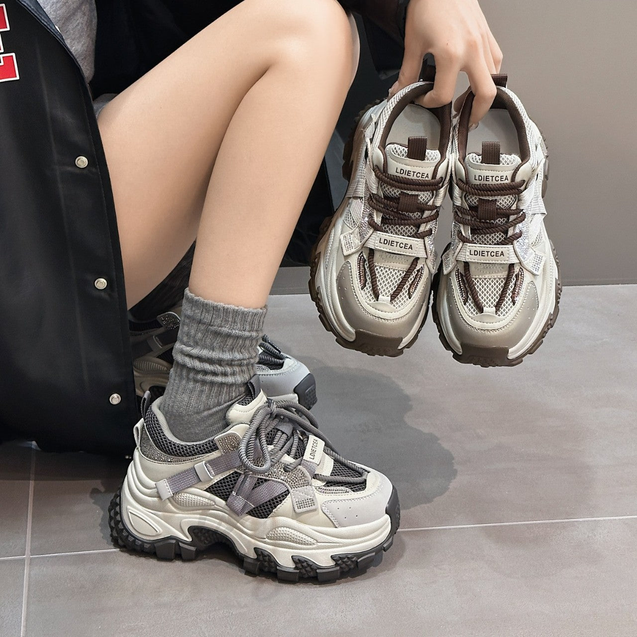 Genuine Thick Bottom Rhinestone Dad Spring Color Matching Round Toe Women's Sports Shoes