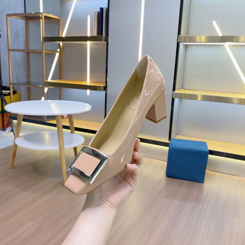 Women's Buckle Patent High Toe Low-cut Metal Temperament Heels