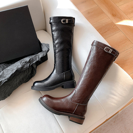 Washed Cowhide Thick Bottom Belt Buckle Tall Boots