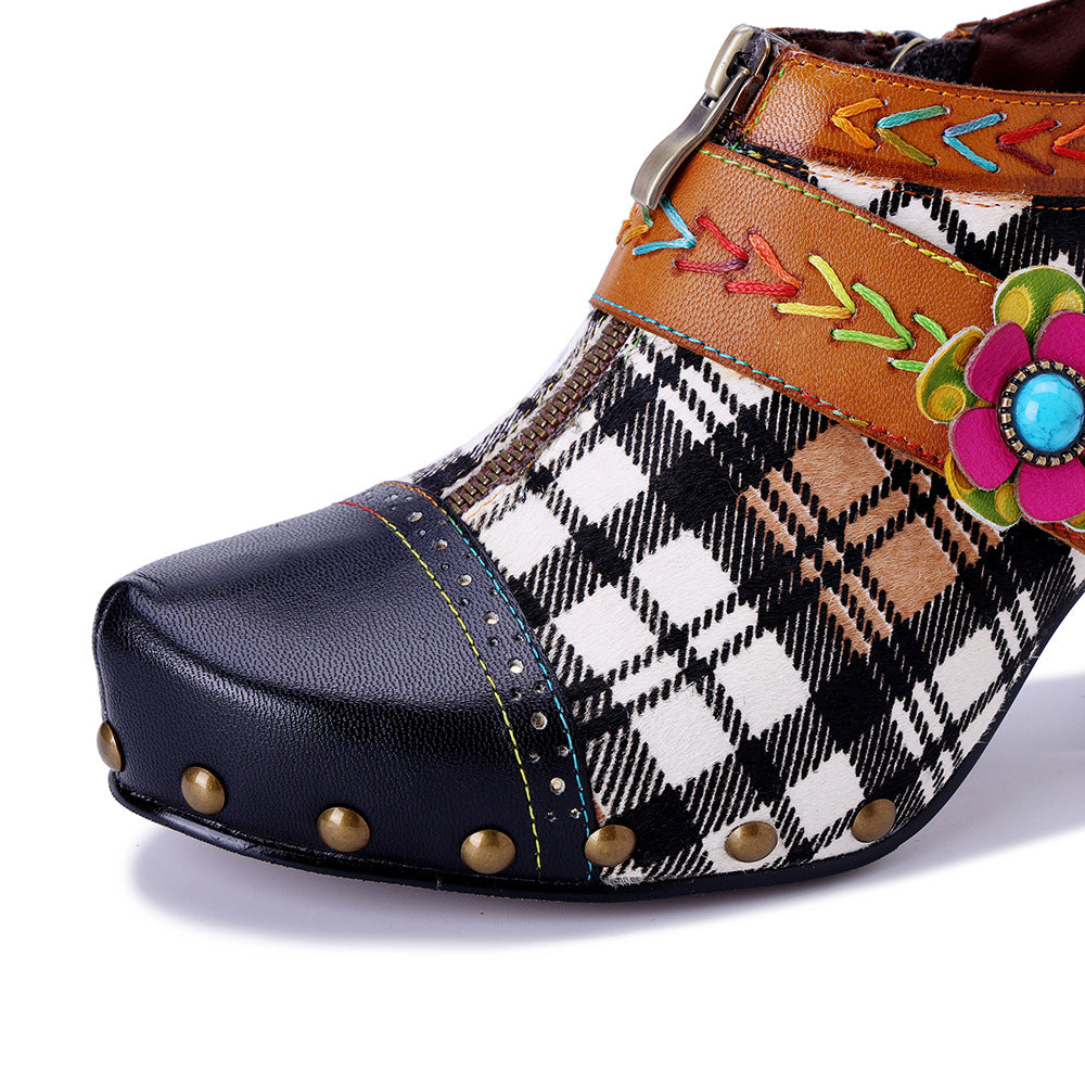 Women's Genuine Hand-rub Color Retro Plaid Printed Women's Fashion Shoes